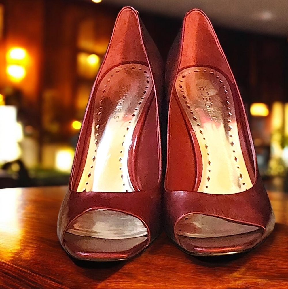 BCBGirls 'Ariel' Ruby Red Peep Toe Patent Stiletto Pumps Heels Size 9.5